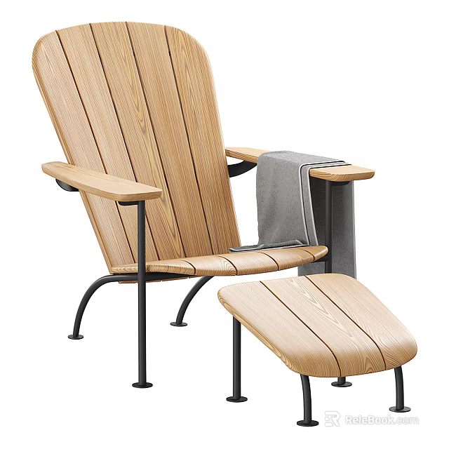 Stylish Wooden Lounge Chair With Metal Frame Ottoman And Gray Towel 3d model 