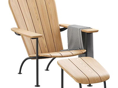 Stylish Wooden Lounge Chair With Metal Frame Ottoman And Gray Towel 3d model