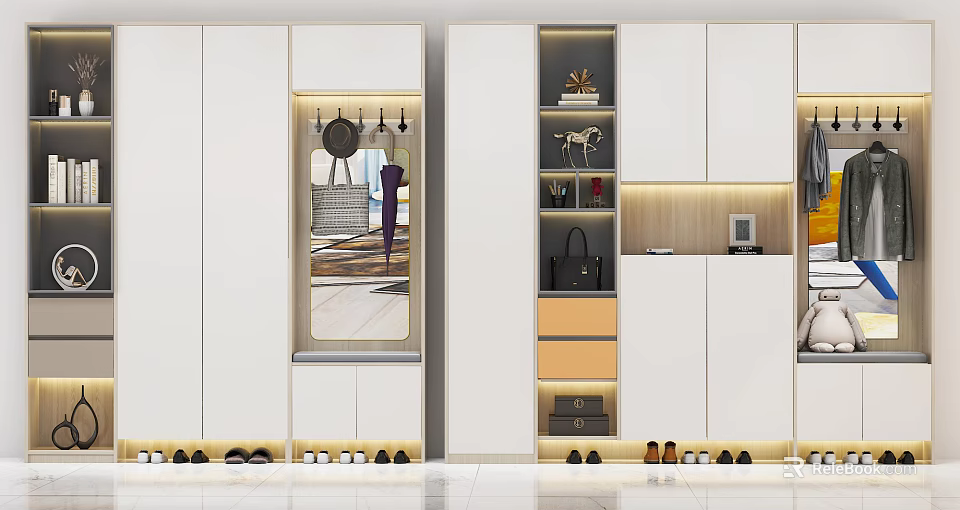 Modern Shoe Cabinet Interior Design With Multiple Compartments Storage And Decorative Items 3d model