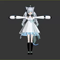 Anime Style Character With Cat Ears Long Blue Hair White Dress And Mechanical Arms