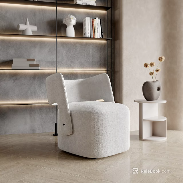 Stylish Single Sofa In Modern Room With Gray Wall Lit Shelf Side Table Vase And Flowers 3d model 