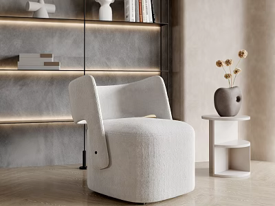 Stylish Single Sofa In Modern Room With Gray Wall Lit Shelf Side Table Vase And Flowers 3d model