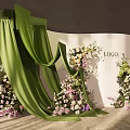 Wedding Backdrop Setup With Green Curtains And Flower Decorations On White Backdrop With LOGO