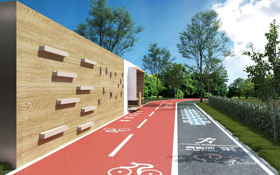Wooden Feature Wall With Embedded Rectangular Panels Red Bicycle Lane Blue Pedestrian Path And Greenery 3d model