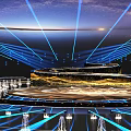 Spiral Stage Design With Blue Illuminated Lights Starry Sky And Modern Layout