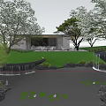 Serene Garden Landscape With Pond Lily Pads Waterfalls Trees And Modern Building