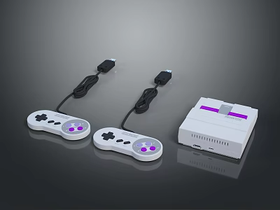 Retro Game Console With Two Connected Controllers And White Purple Design 3d model