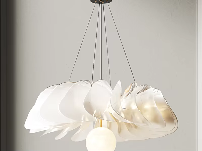 Elegant White Petal Like Chandelier Design With Hanging Structure And Spherical Bulb 3d model