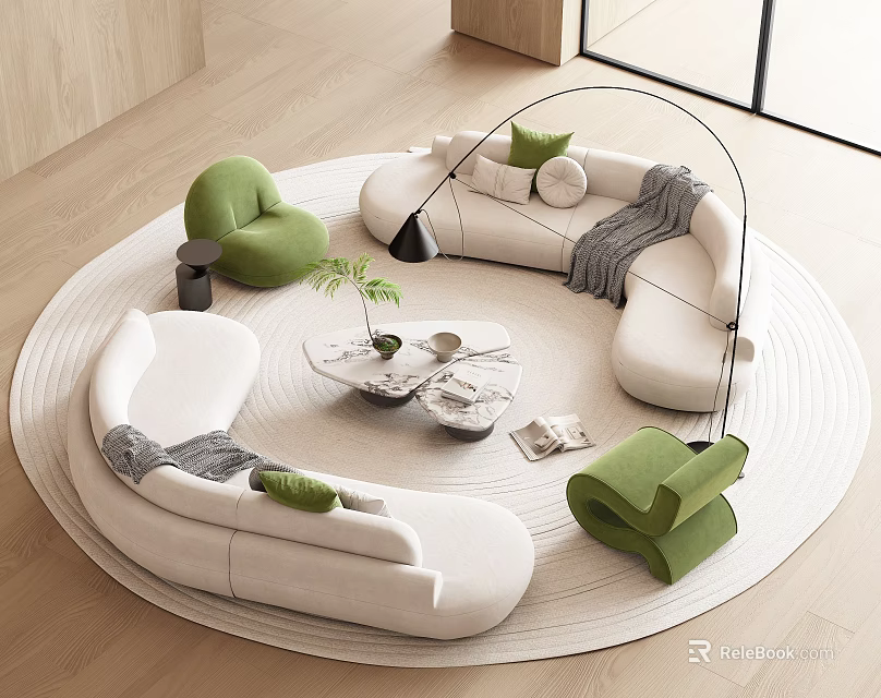 Modern Circular White Sofa Coffee Table Set with Green Chairs Potted Plant and Rug 3d model 