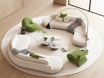 Modern Circular White Sofa Coffee Table Set with Green Chairs Potted Plant and Rug 3d model