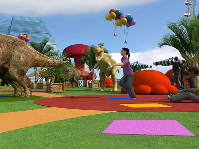 Commercial Playground Equipment with Dinosaur Models Colorful Mats and Balloons in Outdoor Park 3d model