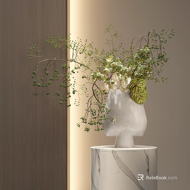 Elegant White Head Shaped Vase With Green Branches And Leaves On Marble Pedestal 3d model 