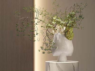 Elegant White Head Shaped Vase With Green Branches And Leaves On Marble Pedestal 3d model