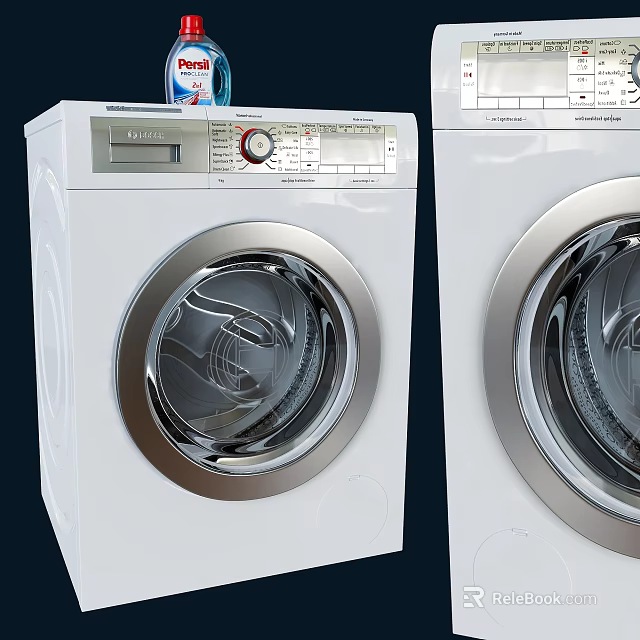 Two White Front Loading Washing Machines With Transparent Door Metal Trim And Digital Control Panel 3d model 