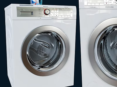 Two White Front Loading Washing Machines With Transparent Door Metal Trim And Digital Control Panel 3d model