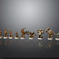 Detailed Character And Creature Miniature Figures With Various Weapons On Black Background And White Bases
