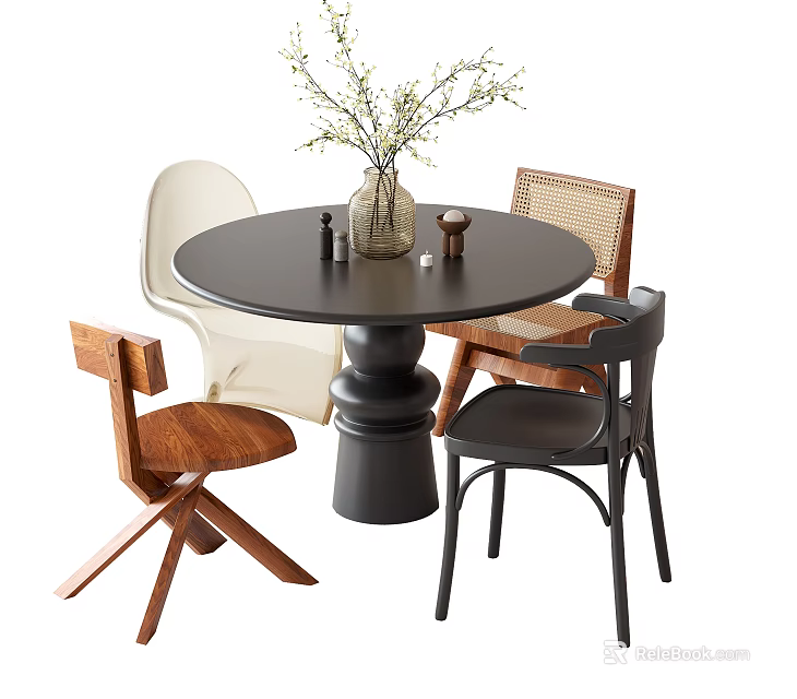 Modern Round Dining Table Set With Mixed Material Chairs And Vase Decoration 3d model 