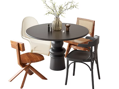 Modern Round Dining Table Set With Mixed Material Chairs And Vase Decoration 3d model
