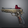 Ornate Silver And Gold Pistol With Intricate Carvings Red Sight And Red Gems On Grip