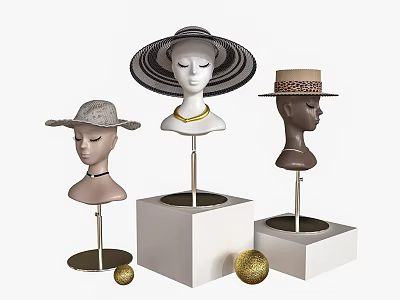 Fashionable Wide Brim Straw And Decorative Hats On Mannequin Heads With Gold Balls 3d model