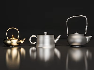 Modern Elegant Tea Pots with Brass Silver Finish and Bamboo Handle Design 3d model