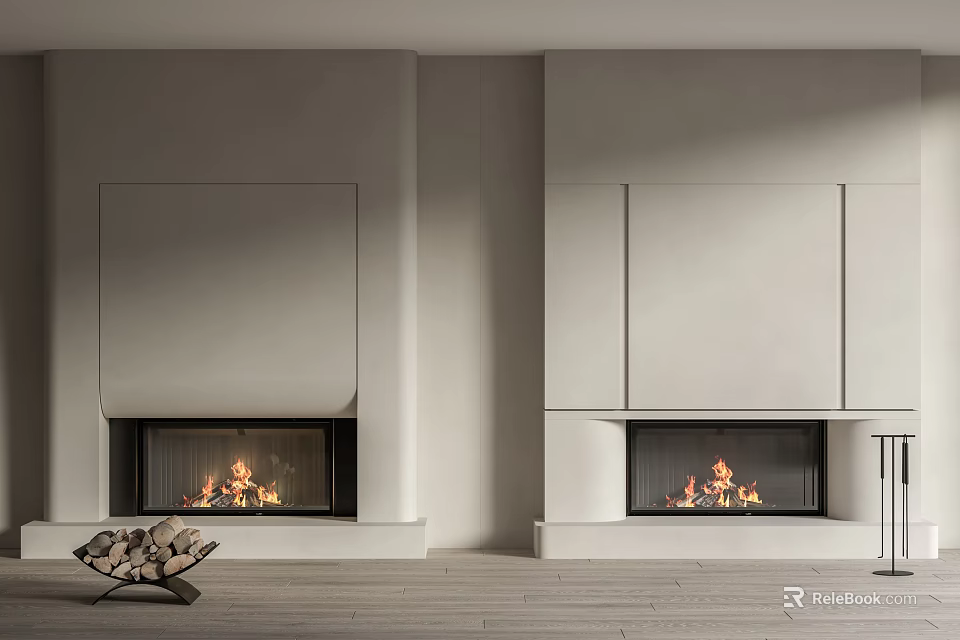 Two Modern White Fireplaces With Flames And Stacked Wood In Minimalist Interior On Wooden Floor 3d model 