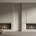 Two Modern White Fireplaces With Flames And Stacked Wood In Minimalist Interior On Wooden Floor