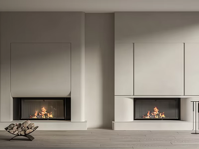 Two Modern White Fireplaces With Flames And Stacked Wood In Minimalist Interior On Wooden Floor 3d model