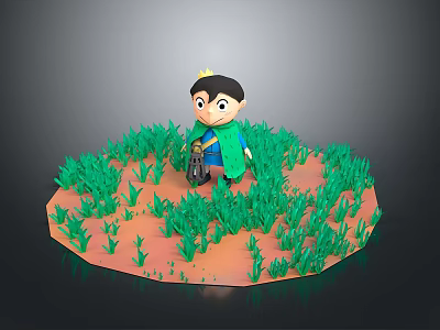 Cartoon Man Wearing Crown And Green Cape Holding Item On Orange Ground With Green Plants 3d model