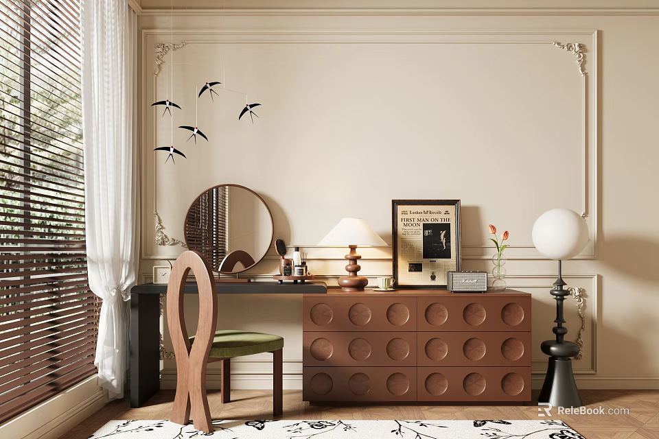 Elegant Brown Dressing Table with Circular Drawers Round Mirror Lamp Chair and Wall Bird Decor 3d model 