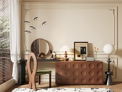 Elegant Brown Dressing Table with Circular Drawers Round Mirror Lamp Chair and Wall Bird Decor 3d model