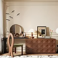 Elegant Brown Dressing Table with Circular Drawers Round Mirror Lamp Chair and Wall Bird Decor