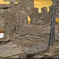 Stone Scene Components With Rocks Pillars Gravel Ground And Black Column Structure