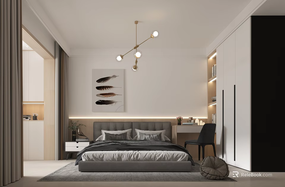 Modern Bedroom Interior Design With Bed Nightstand Chandelier Artwork Wardrobe And Desk Chair 3d model 