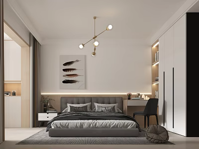 Modern Bedroom Interior Design With Bed Nightstand Chandelier Artwork Wardrobe And Desk Chair 3d model