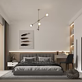 Modern Bedroom Interior Design With Bed Nightstand Chandelier Artwork Wardrobe And Desk Chair