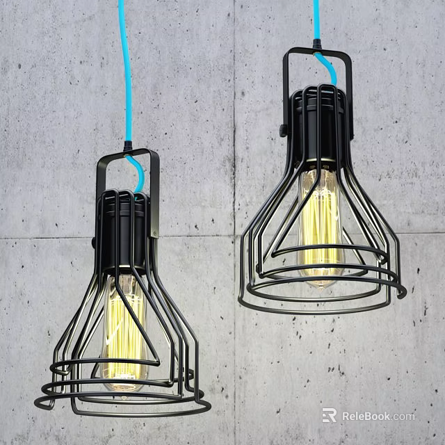 Industrial Style Chandeliers With Black Metal Frame And Blue Cable On Gray Concrete Wall 3d model 