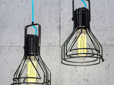 Industrial Style Chandeliers With Black Metal Frame And Blue Cable On Gray Concrete Wall 3d model