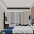 Modern Stylish Hotel Room Interior With Large Bed Wooden Accent Wall And Blue Bench