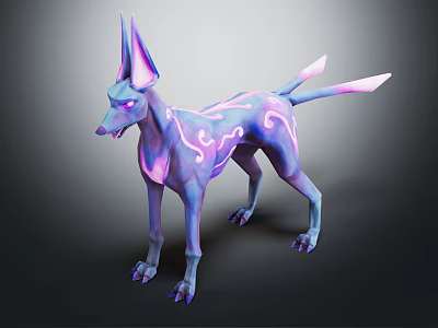 Fantasy Canine Creature Character With Large Ears Luminous Tail And Purple Blue Gradient Fur 3d model