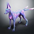 Fantasy Canine Creature Character With Large Ears Luminous Tail And Purple Blue Gradient Fur