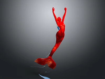 Red Mermaid Character Creature With Raised Arms And Flowing Tail In Dynamic Pose 3d model