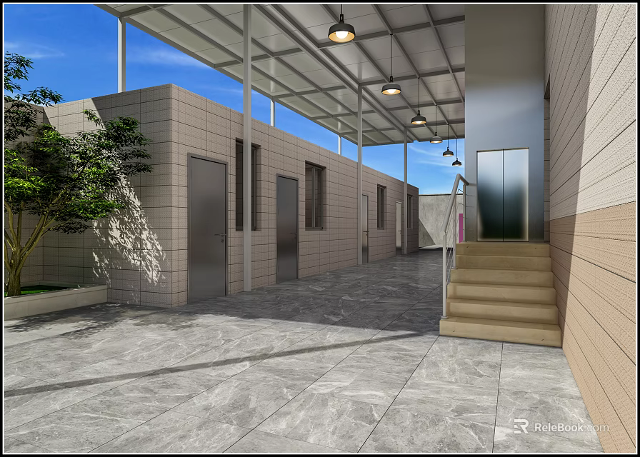 Elevator Corridor Featuring Roof Structure Ceiling Lights And Tile Floor Design 3d model 
