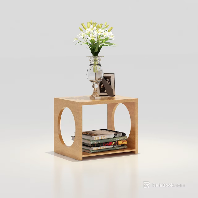 Modern Wooden Side Table with Round Cutouts Vase of White Flowers Photo Frame and Books 3d model 