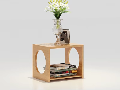Modern Wooden Side Table with Round Cutouts Vase of White Flowers Photo Frame and Books 3d model