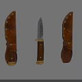 Vintage Tactical Knife with Wooden Handle Metal Blade and Brown Leather Sheath Featuring Metal Rivets