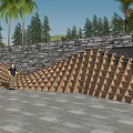 Garden Feature Wall With Wooden Geometric Structure Stone Wall Palm And Pine Trees