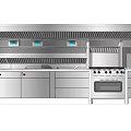 Stainless Steel Commercial Kitchen Appliances With Range Hood Stovetop Cooking Pots Grill And Oven