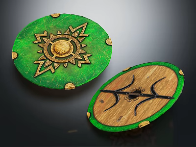Green And Wooden Decorative Plates With Sun And Branch Patterns And Gold Accents 3d model