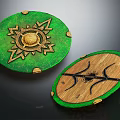 Green And Wooden Decorative Plates With Sun And Branch Patterns And Gold Accents